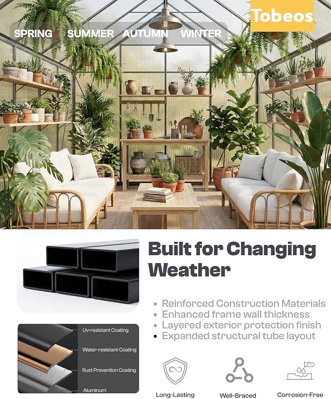6×12 FT Walk-in Greenhouse Polycarbonate Greenhouse for Outdoors, Heavy Duty Backyard Garden Greenhouse with Aluminum Frame, Clear Panels, Adjustable Roof Vent, Rain Gutter System, Patio
