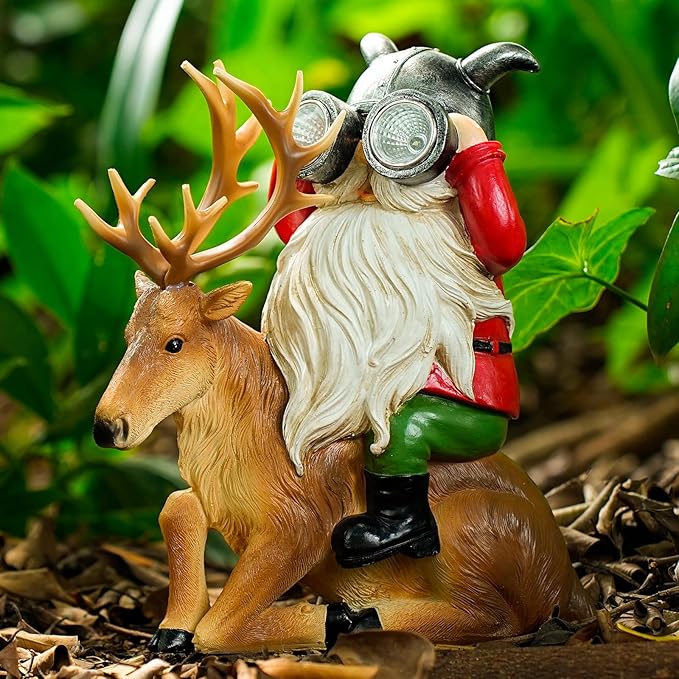 Garden Gnome Statues Resin Gnome Sitting On Deer Statues Solar Lights Outdoor Telescope Gnome Gifts for Yard, Patio Decor Gift (Deer Gnome)