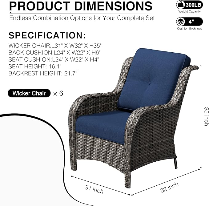 Joyside 6 Piece Wicker Patio Furniture Set, Rattan Patio Chairs with High Back, Deep Seating, Wide Armrest, Thickened Cushions, Outdoor Furniture for Deck, Porch Use