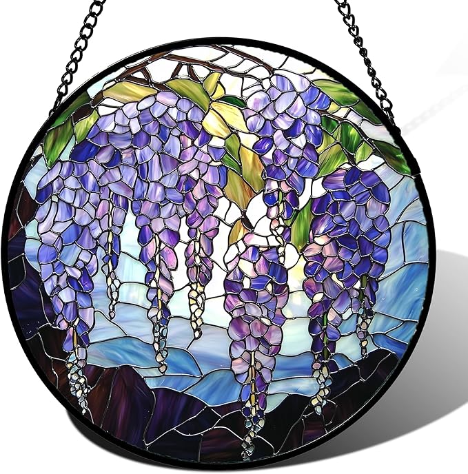 AMDERVEN Stained Glass Window Hanging, Wisteria Flower Sun Catcher for Door Home Decor Purple and Blue Suncatcher Christmas Mother's Day Birthday Gifts for Women Men Mom and Nana 9.8 in