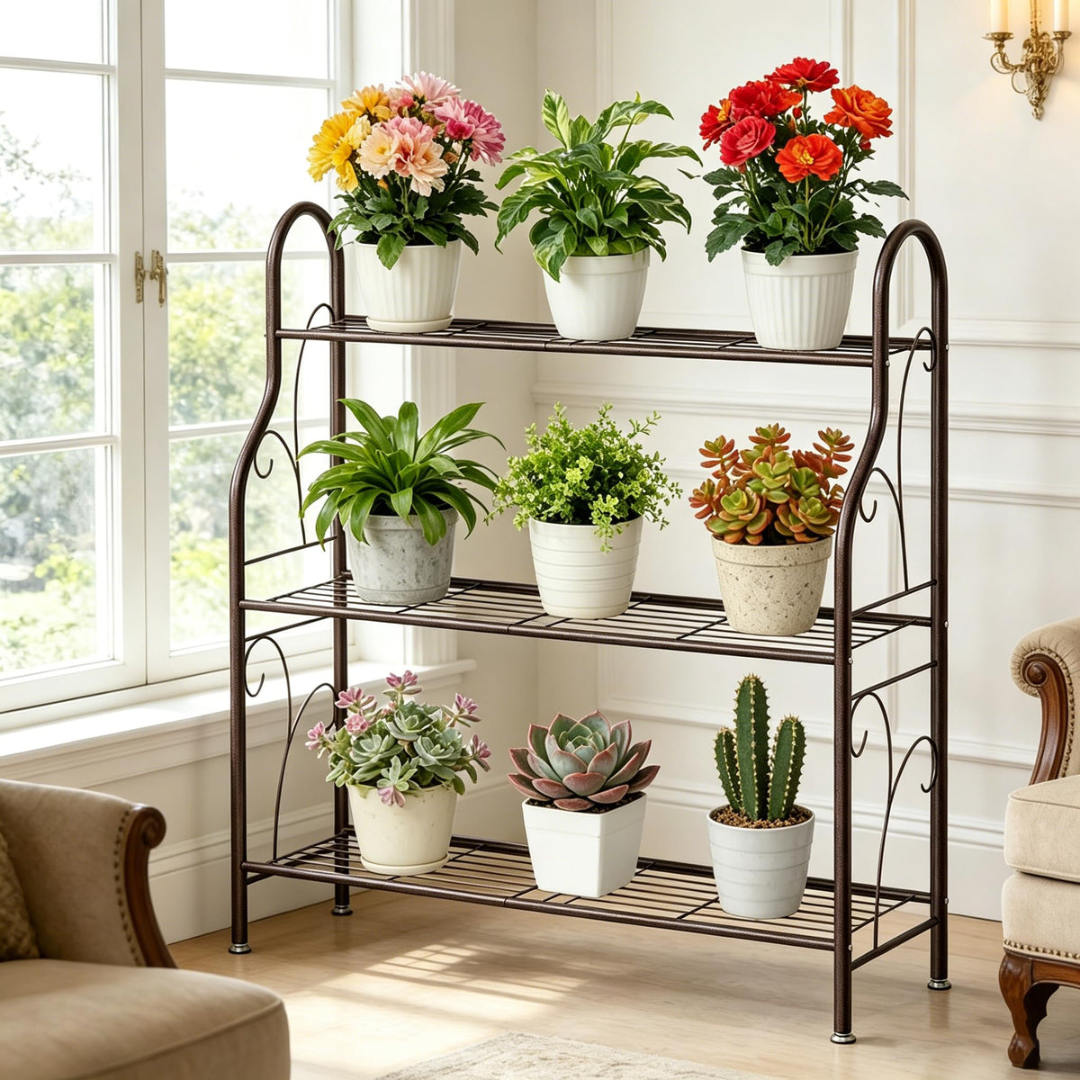 SORCEDAS 3 Tier Metal Plant Stand Indoor Outdoor Corner Flower Shelf