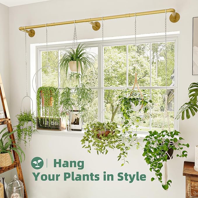Plant Hanger Indoor Hanging Planters for Indoor Plants Hanging Plant Holder Window Plant Rod Gold Metal Shelves 63 Inch (Pot/Chains not Included