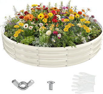 6FT Diameter Galvanized Garden Raised Bed/Plant Box/Fire Pit Ring-0.8mm Thick,12 Inch Tall,Crimped Edge and Corner,No Sharpe,Perfect for Plantings (Cream White, 72 Dia X 12 inches)