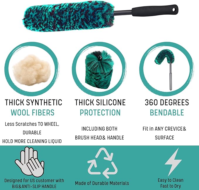 Professional 4 Pack Long Handle Wheel Brush Kit for Cleaning Wheel and Tire- 2X Soft Wheel Cleaning Brush, Detailing Brush and Stiff Tire Brush, Bendable& Durable Wheel Rim Cleaner Brush Set