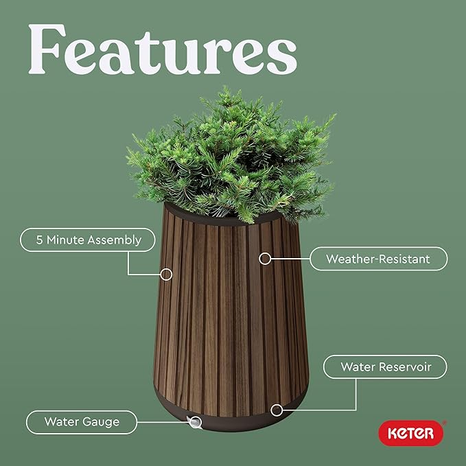 Keter Signature Conic 28.5 Inch Tall Round Large Wood Look Planter for Indoor or Outdoor Flower Pot Ideal for Patio Deck and Front Porch Decor, Rosewood