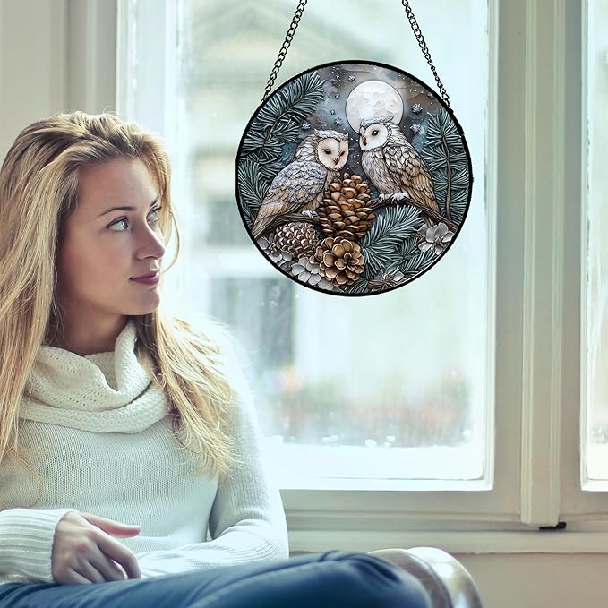 Stained Glass Window Hanging - Owl On A Tree Suncatcher for Doors Garden Patio Winter Scene Sun Catchers Decor Christmas Mother's Day Birthday Gifts for Women Men Mom Nana Friend 6.3 in