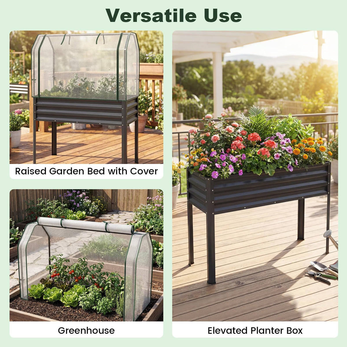 GIANTEX Raised Garden Bed with Legs & Greenhouse Cover, 44x22x60 Elevated Metal Planter Box with Roll-up Door, Outdoor Mini Greenhouse for Vegetable Flower Herb Patio Balcony (Black,1)