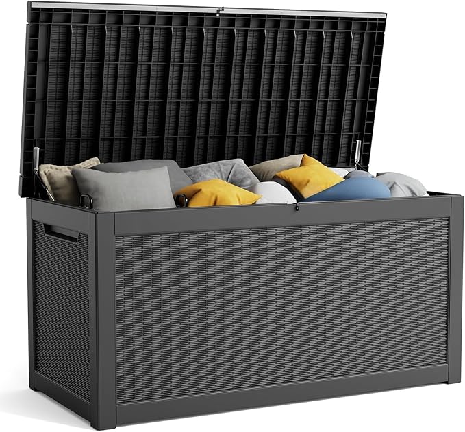 260 Gallon Resin Deck Box, Lockable Patio Outdoor Storage Box for Furniture, Garden Tools and Tools Storage, Waterproof Outside Storage Boxes - Black
