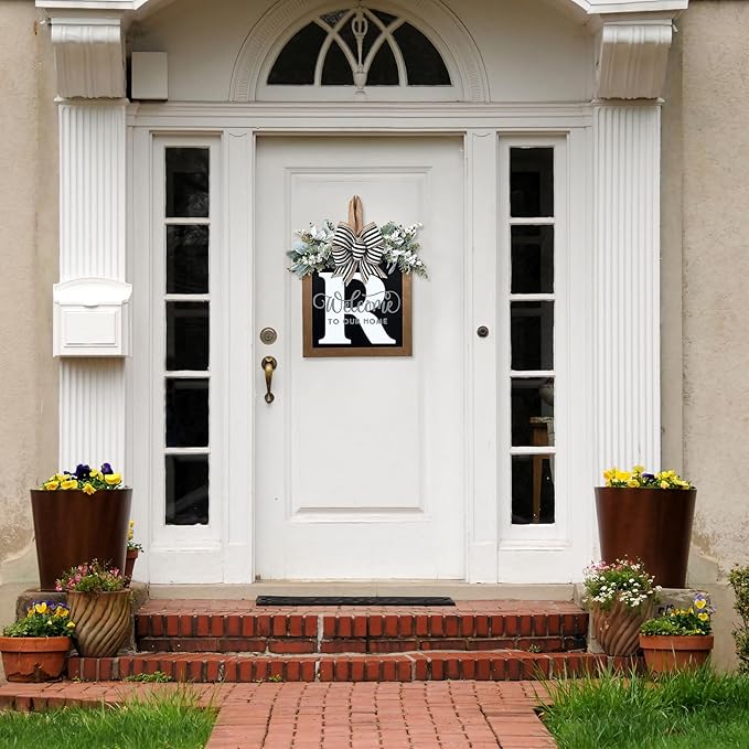 Ultra Large 14'' Last Name All Year Round Front Door Wreath with 26 Initial Letter Welcome Sign All Seasons Eucalyptus Garland and Bow Wreaths for Front Door Porch Farmhouse Decoration (R)