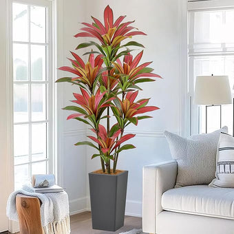 Roselywed Artificial Red Dracaena Tree 6FT with 114 Leaves & 7 Heads & Gray Tall Planter Cover with Coconut Fiber Tall Faux Tropical Silk Bicolor Plant 72 Inch for Indoor Home Office Porch Mall Decor