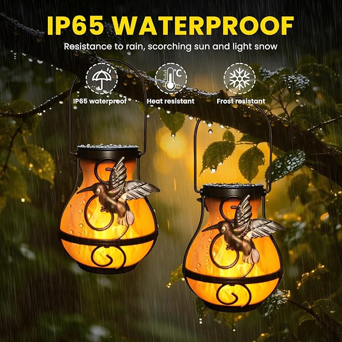 2 Pack Solar Lanterns Outdoor Waterproof, Hanging Hummingbird Flickering Flame Light Garden Decor Hanging Lights Decorative for Outside Patio Pathway Yard Christmas Birthday Gifts