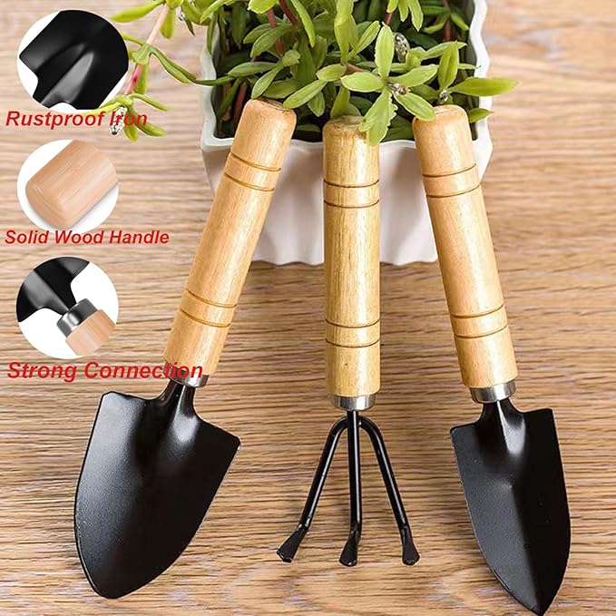 3 Pcs Mini Garden Tools Set Small Tiny Shovel Trowel and Hand Rake with Solid Wood Handle Indoor Gardening Tools for Pot Plants Succulent Bonsai