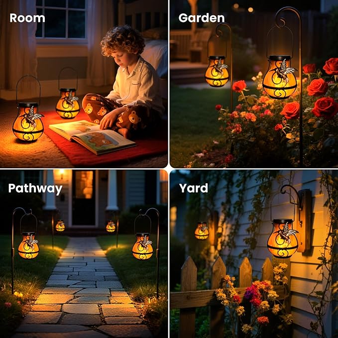 2 Pack Solar Lanterns Outdoor Waterproof, Hanging Hummingbird Flickering Flame Light Garden Decor Hanging Lights Decorative for Outside Patio Pathway Yard Christmas Birthday Gifts