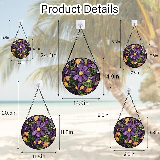 AMDERVEN Stained Glass Window Hanging, Purple Green Flowers Sun Catcher for Door Home Decor Plants Suncatcher Christmas Mother's Day Birthday Gifts for Women Men Mom and Nana 15 in
