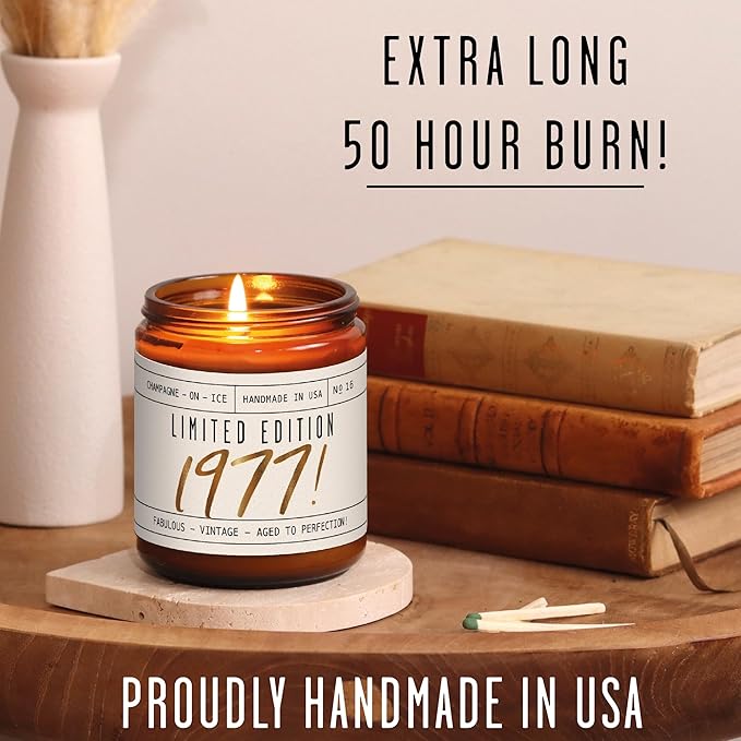 49th Birthday Gifts for Women - 'Limited Edition 1977' Soy Candle, w/Champagne on Ice I 49 Birthday Gift for Her Ideas I 9oz Reusable Jar, 50Hr Burn, Made in USA