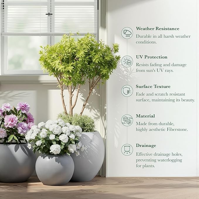 DTY Signature Mount Sherman 12.6''D x 9.8''H Modern Indoor Outdoor Fiberstone Sphere Planter, Durable Round Garden Pot, Weather Resistant, Drainage Hole & Rubber Plug - Small, Gray