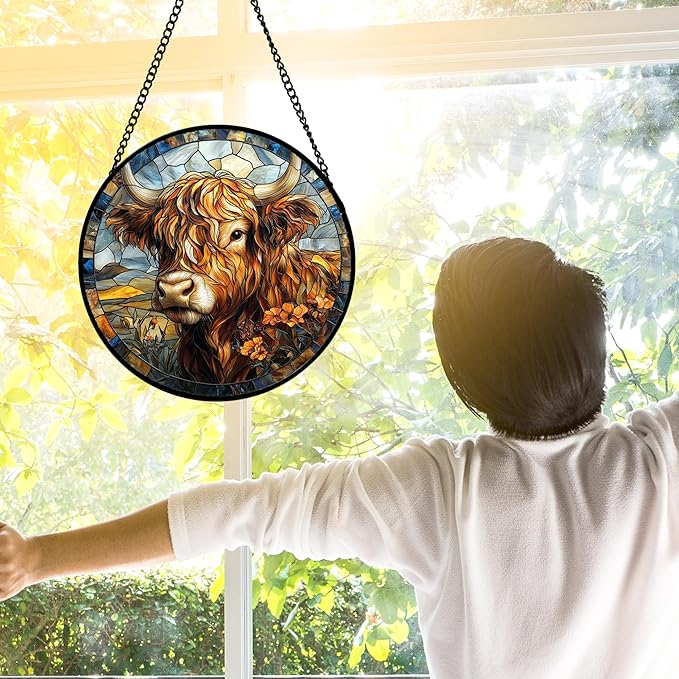 Stained Glass Window Hanging - Funny Cow Flower Suncatcher Ready to Hang Window Doors Home Decoration and Christmas, Mother's Day Birthday Gifts for Women, Men, and Mom 7.8x7.8 in