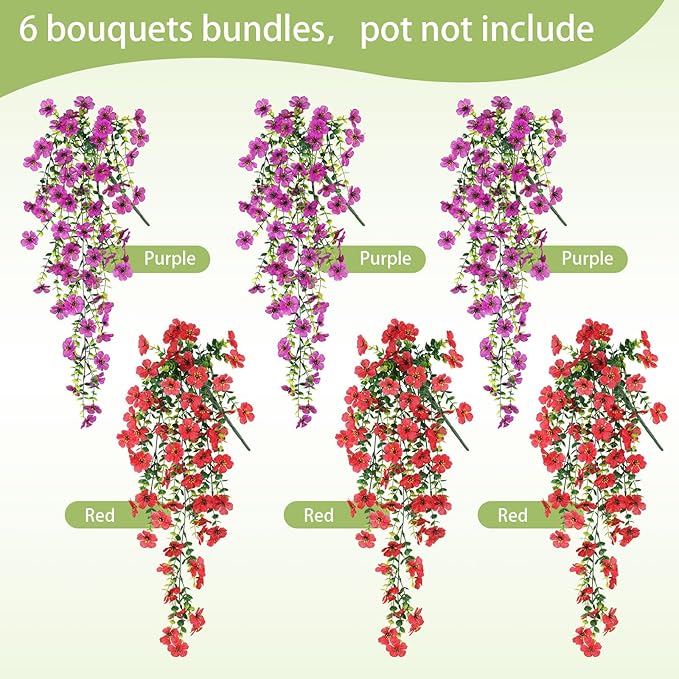 Playieer Artificial Hanging Flowers for Outdoors Faux Plants for Spring Summer Decoration,6 Bundles UV Resistant Realistic Silk Flowers Indoor Outside Garden Porch Patio Balcony Yard Farmhouse