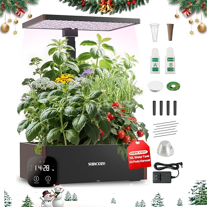 SUNCOZE 20 Pods Hydroponics Growing System Kit, Indoor Herb Garden with 30W LED Grow Light, 10L Large Water Tank, Up to 25" Height, Plants Germination Kit with Quiet Pump, Black