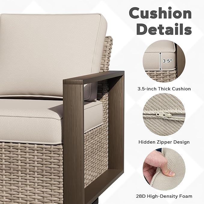 Outdoor Patio Swivel Rocker Chairs, 8 Pieces Wicker Furniture Set, 4 Swivel Rocking Chairs, 1 Sofa, 2 Ottoman and 1 Table, Wide Armrest, Thick Cushions and Deep Seating for Garden, Backyard, Porch
