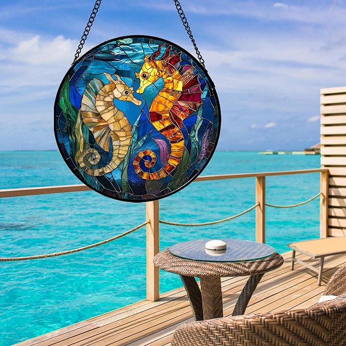 Stained Glass Window Hanging - Blue Ocean Orange Seahorse Suncatcher for Door Terrace Garden Home Decor, Marine Life Sun Catcher Birthday Gifts for Lovers Women Men Dad Mom Nana 6.3 in