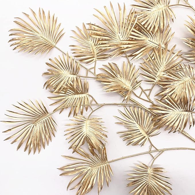 Christmas Decor Artificial Gold Plants 30" Tall 2 Pack, Faux Golden Fans Palm Leaves Plastic Fake Tropical Grass Flowers for Home Indoor Room Wedding Centerpiece Decoration Hall Table Vase Filler DIY
