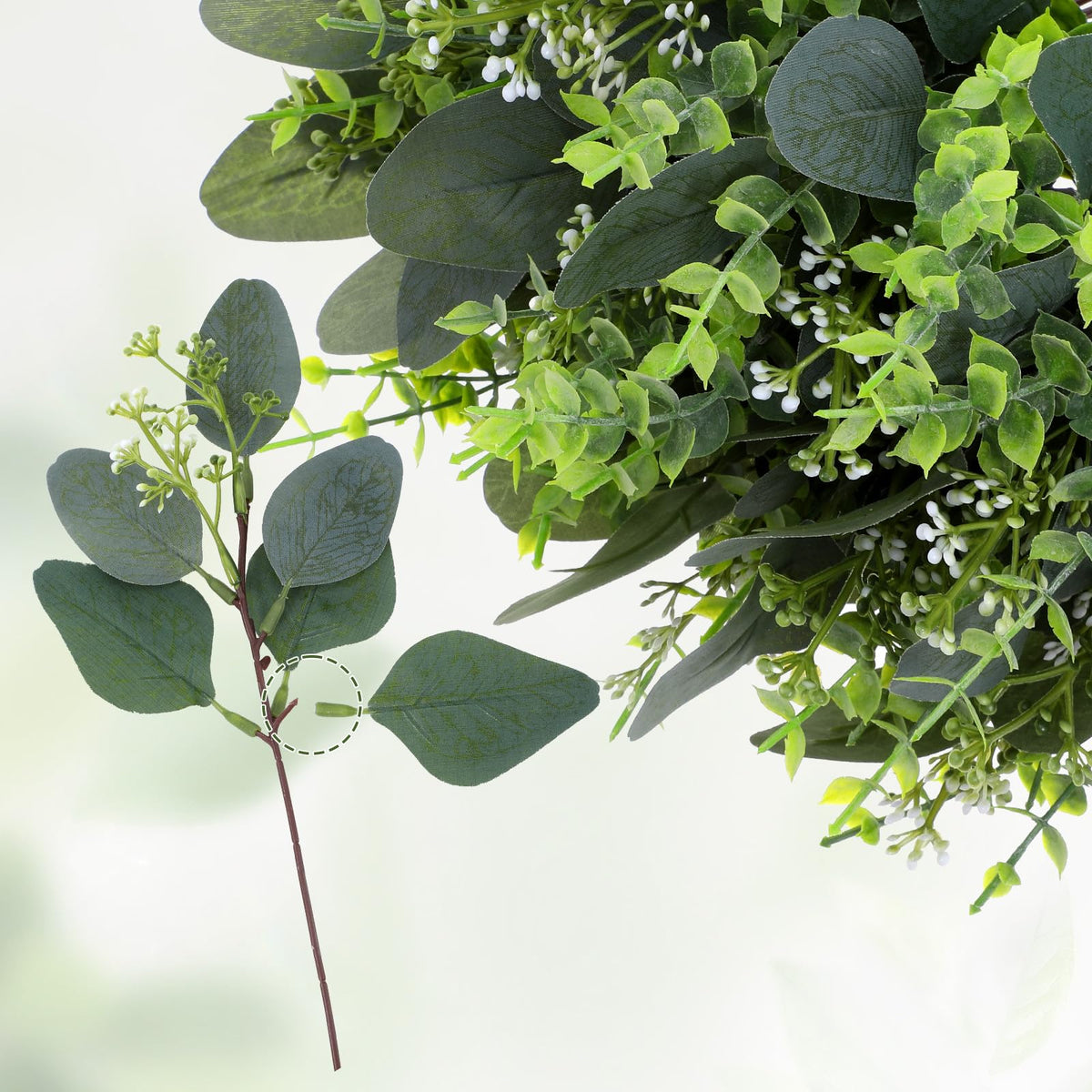 MSHHDK 100Pcs Mixed Eucalyptus Leaves Stems Bulk Artificial Eucalyptus Leaves for Home Wedding DIY Floral with White Seeds Mixed Artificial Greenery Stem Bulk for Bouquet Decor Arrangement