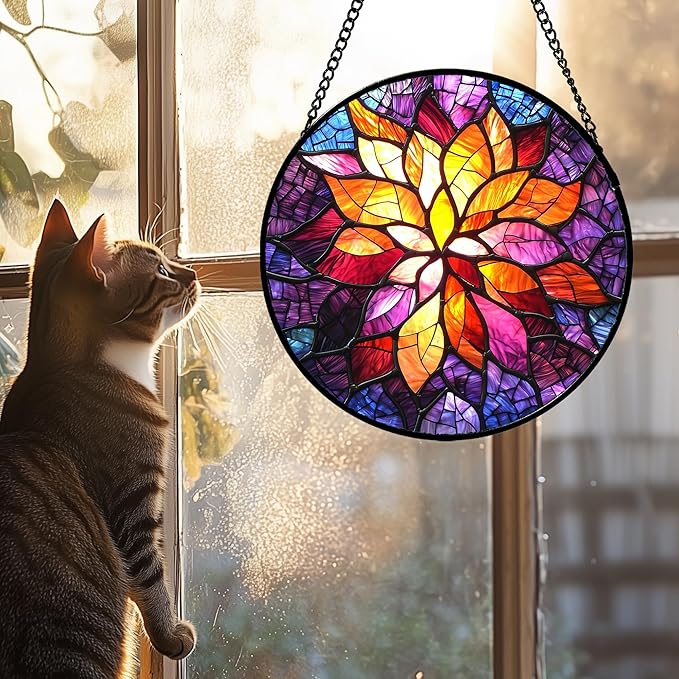 AMDERVEN Stained Glass Window Hanging, Fuchsia Abstract Flowers Suncatcher for Window Home Decor Orange Sun Catcher Mother's Day Birthday Gifts for Women Men Mom Nana 15 in