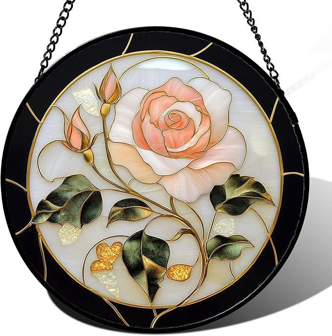 AMDERVEN Stained Glass Window Hanging - Black White Pink Rose Sun Catcher for Door Home Decor Flower Suncatcher Christmas Mother's Day Birthday Gifts for Women Men Lovers Mom Nana 9.8 in