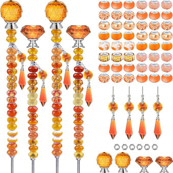 121 Pcs DIY Fairy Wand Beaded Garden Stakes Kit, Fairy Wands Garden Kit Orange Large Hole Bead with Pendants Crystal Stopper Top Threaded Rod Beaded Garden Stakes Supplies for Outdoor Decorative