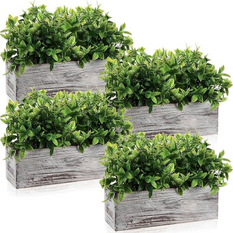 Lyrow 4 Pack Artificial Eucalyptus Plant in Rectangular Rustic Wooden Planter Box Faux Potted Herb Plant Table Centerpiece for Kitchen Windowsill Shelf Decor (White,11.4 '')
