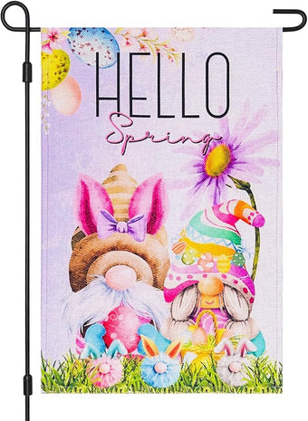 Easter Gnomes Garden Flag 12×18 Inch Double Sided for Outside Hello Spring Small Vertical Burlap Yard Flags Outdoor Lawn Porch Decoration
