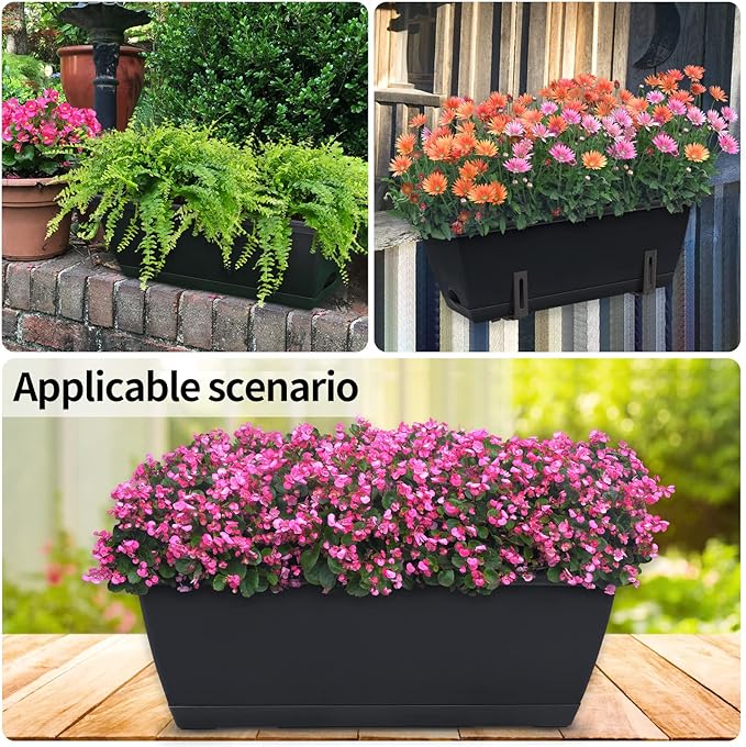 CHUKEMAOYI Window Box Planter, 10 Pack Plastic Vegetable Flower Planters Boxes 17 Inches Rectangular Flower Pots with Saucers for Indoor Outdoor Garden, Patio, Home Decor (Black)