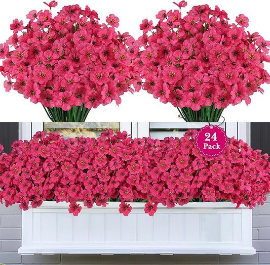 24 Bundles Artificial Flowers for Outdoors, Realistic Fake Silk Flowers for Outside Decoration, No Fade Faux Plants Outdoor Planter Window Box Porch Patio Decor(Rosy red)