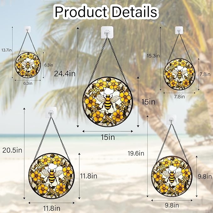 Stained Glass Window Hanging - Yellow Flowers Surrounded by Bees Sun Catcher for Door Garden Home Decor Cute Suncatcher Christmas Mother's Day Birthday Gifts for Women Men Mom Nana 11.8 in