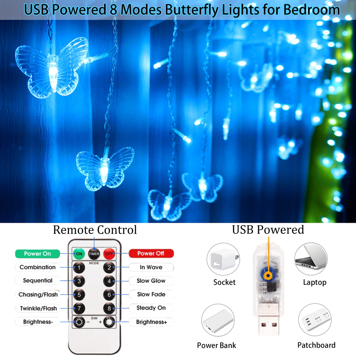 Blue Butterfly Curtain Fairy Lights USB Plug in,120 LED 8 Modes 20FT Firefly Twinkle Icicle String Lights with Remote Timer Waterproof for Bedroom Christmas Wedding Party Dorm Decor