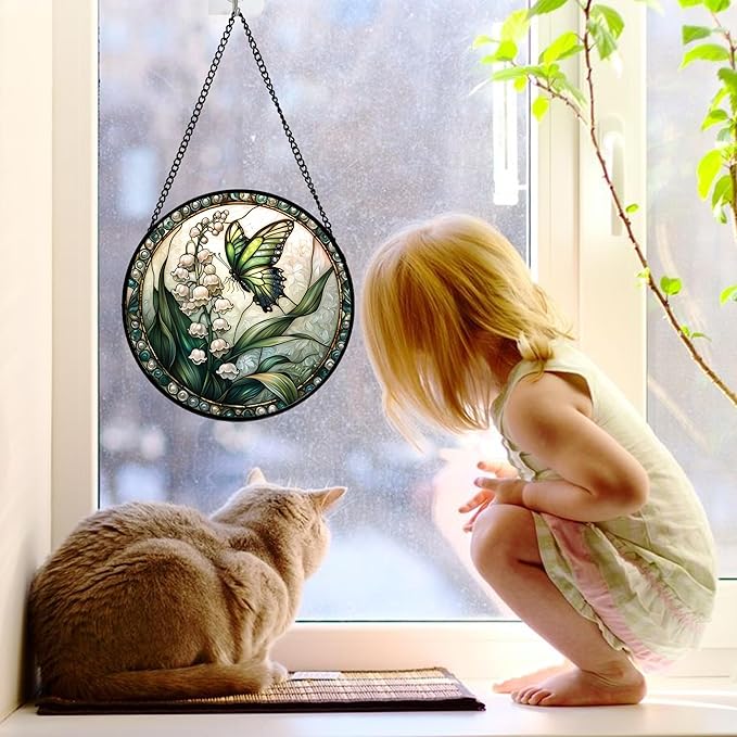 DASTOLL Stained Glass Window Hanging, Lily of The Valley Flower Butterfly Suncatcher for Doors Home Sun Catchers Decoration and Christmas, Mother's Day Birthday Gifts for Women, Men, Mom 6.3 in