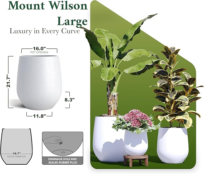 DTY Signature Mount Wilson 19.7''D x 21.7''H Modern Indoor Outdoor Fiberstone Tapered Planter, Lightweight, Weather Resistant Garden Pot with Drainage Hole & Rubber Plug - Large, White