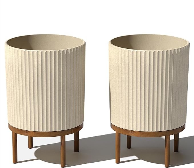 Veradek Demi Series Round Planter w/Stand for Porch/Patio | Durable Plastic-Stone Composite & Wooden Stand | Modern Décor for Tall Plants, Flowers