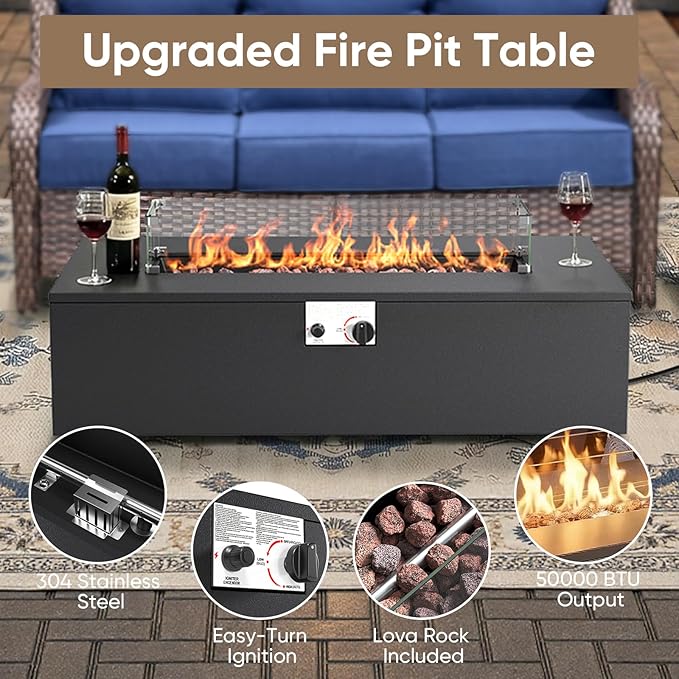 HUMMUH Luxury Patio Furniture Set 6-inch Thick Cushions High Back Swivel Rocker Chairs & 3 Seater-Couch & Steel Fire Pit Table 7 Pieces Outdoor Conversation Set for Porch,Deck,Backyard