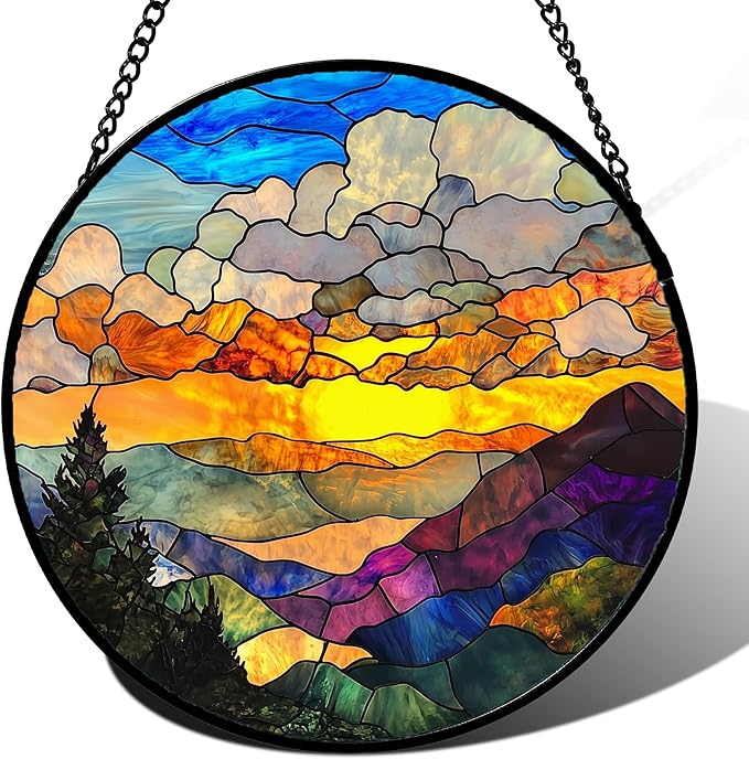 Stained Glass Window Hanging, Abstract Clouds Mountains Landscape Suncatcher for Doors Window Home Sun Catchers Decor Mother's Day Birthday Gifts for Women, Men Mom 7.8 in