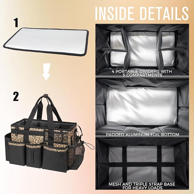 Wearable Cleaning Caddy, Cleaning Caddy Supplies Organizer with Handle & Shoulder Straps for Housekeepers, Under Sink & Car Cleaning Tool Organizers Bag with 4 Foldable Divider (Leopard)