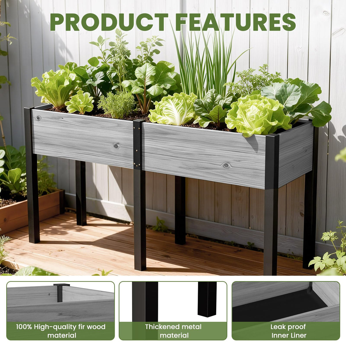 SUNYRISY Dual Wooden Raised Garden Bed Outdoor with Metal Legs
