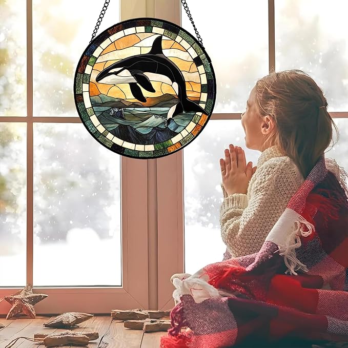 Stained Glass Window Hanging Ocean Wave Killer Whale Large 15" - Suncatcher Door Garden Sunroom Sun Catcher Home Decor Birthday Christmas for Mom Men Woman Nana