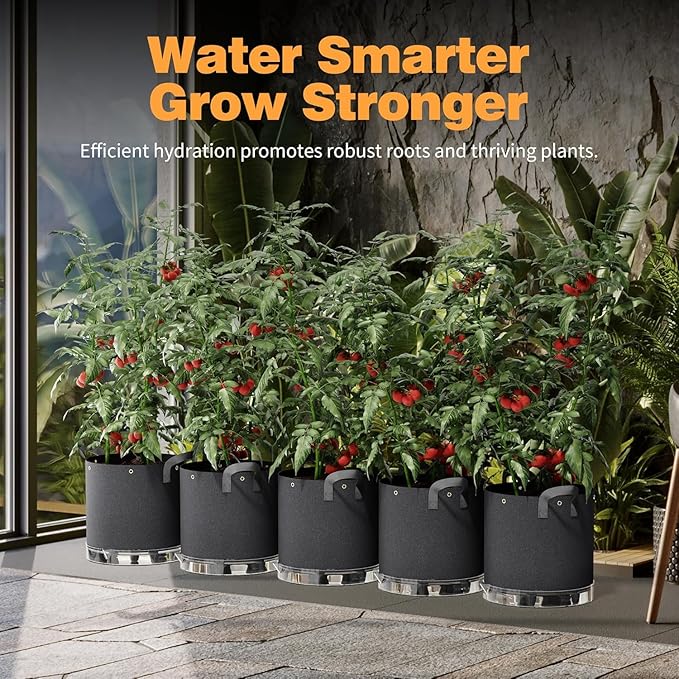 Self-Watering Grow Bags, 5-Pack 3 Gallon 420G Thick Nonwoven Fabric Pots with Reinforced Handles and Multi-Purpose Rings, for Low Stress Plant Training Fruits, Vegetables,and Flowers