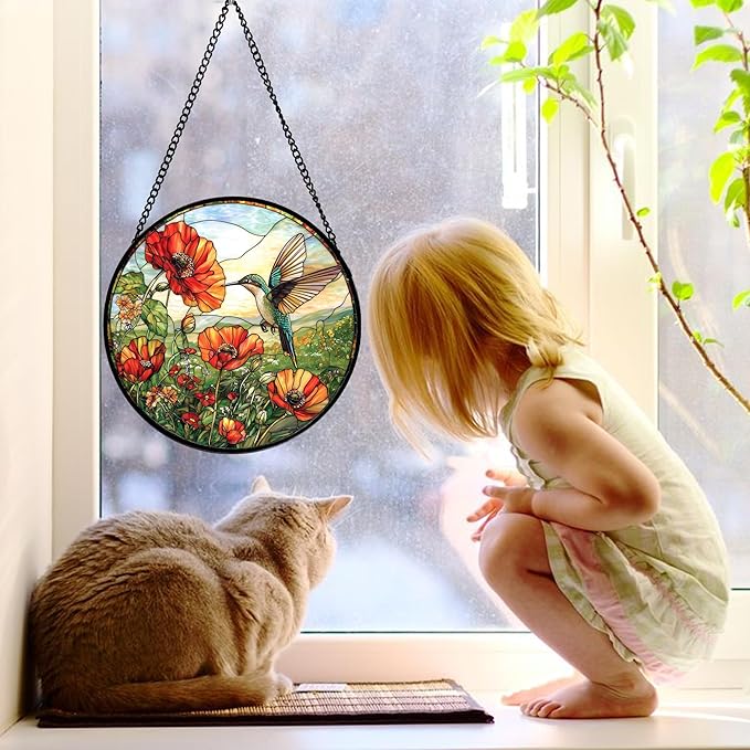 DASTOLL Stained Glass Window Hanging, Hummingbirds Orange Flowers Suncatcher Diamond Glass Panel Hangings Sun Catchers Decor for Birthday for Women, Men, Wife, Aunt, and Mom 9.8 in