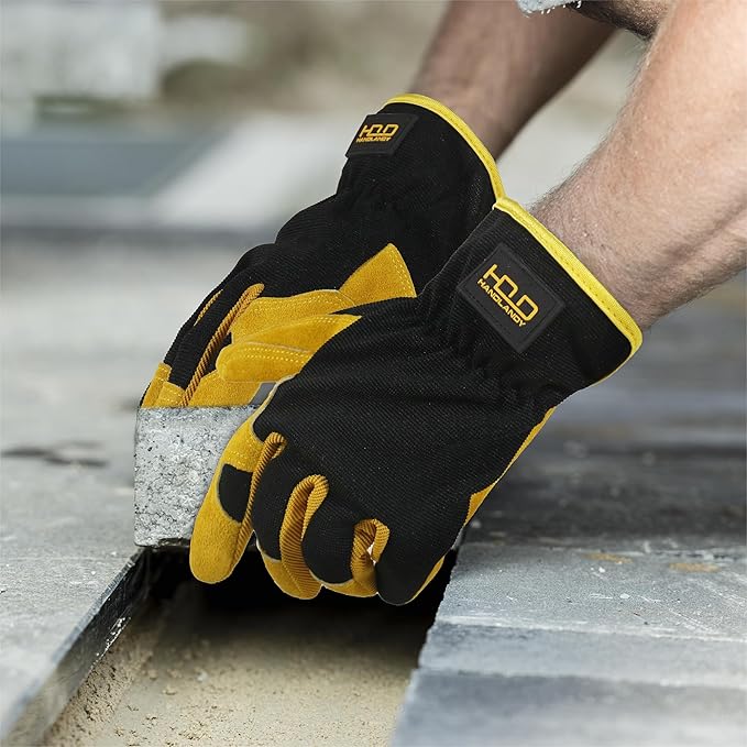 HANDLANDY Men Leather Gardening Gloves, Utility Work Gloves for Mechanics, Construction, Driver