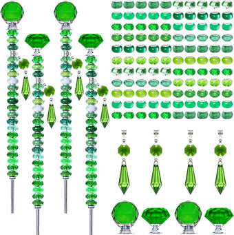 Exway 100 PCS DIY Fairy Wand Beaded Garden Stake Beads Kits with Green Large Hole Beads 4 Crystal Stopper Top Threaded Rods and 4 Green Sparkling Crystal Pendants for Outdoor Indoor Decor