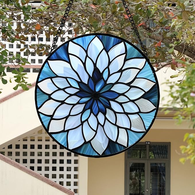 AMDERVEN Stained Glass Suncatcher, Blue White Multi-Petal Flowers Sun Catcher Landscape Stain Glass Window Hanging Decoration Mother's Day Birthday Gifts for Women Men Mom Nana 15 in