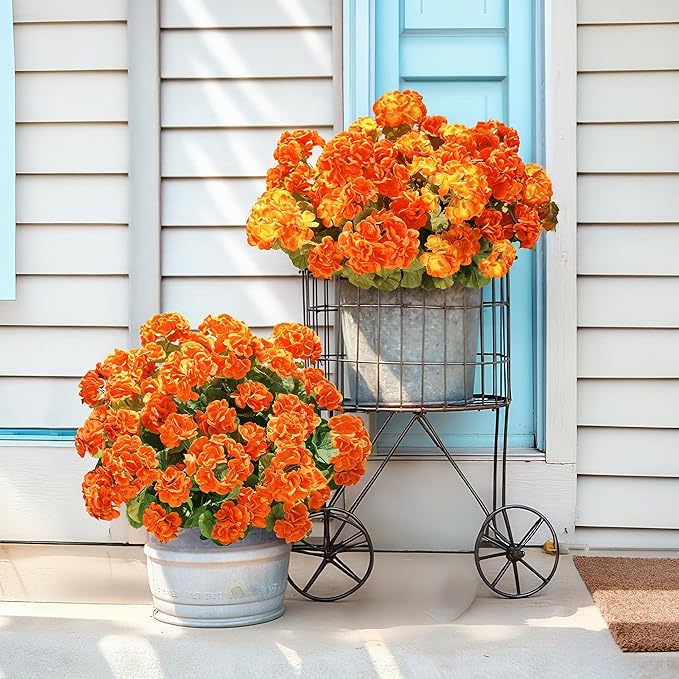 Fake Geraniums Artificial Flowers for Outdoors Fall Autumn Decoration, 6 Bundles Silk Geraniums UV Resistant Look Real Orange Faux Flowers Plants for Front Door Garden Planter Patio Balcony Yard Home